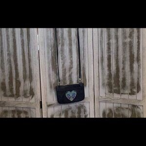 Brighton small crossbody, blue with heart design, 8” x 5” EUC